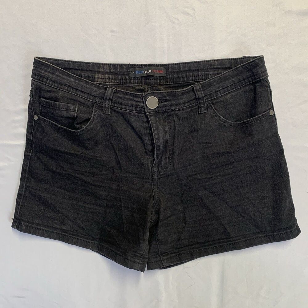 Red Blue Denim Women's Denim Shorts Size 7/8 W30 Black Denim Jort Stretch Casual